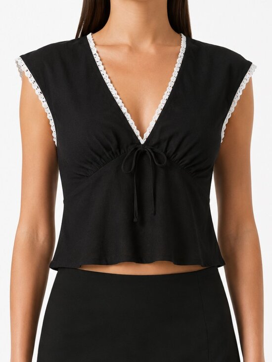 Reformation Tops - Reformation Cherry Top Black Lace Trim V Neck Tie Front 0